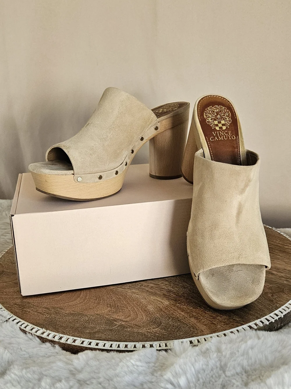 Vince Camuto Beige Suede Platform Mule Heels